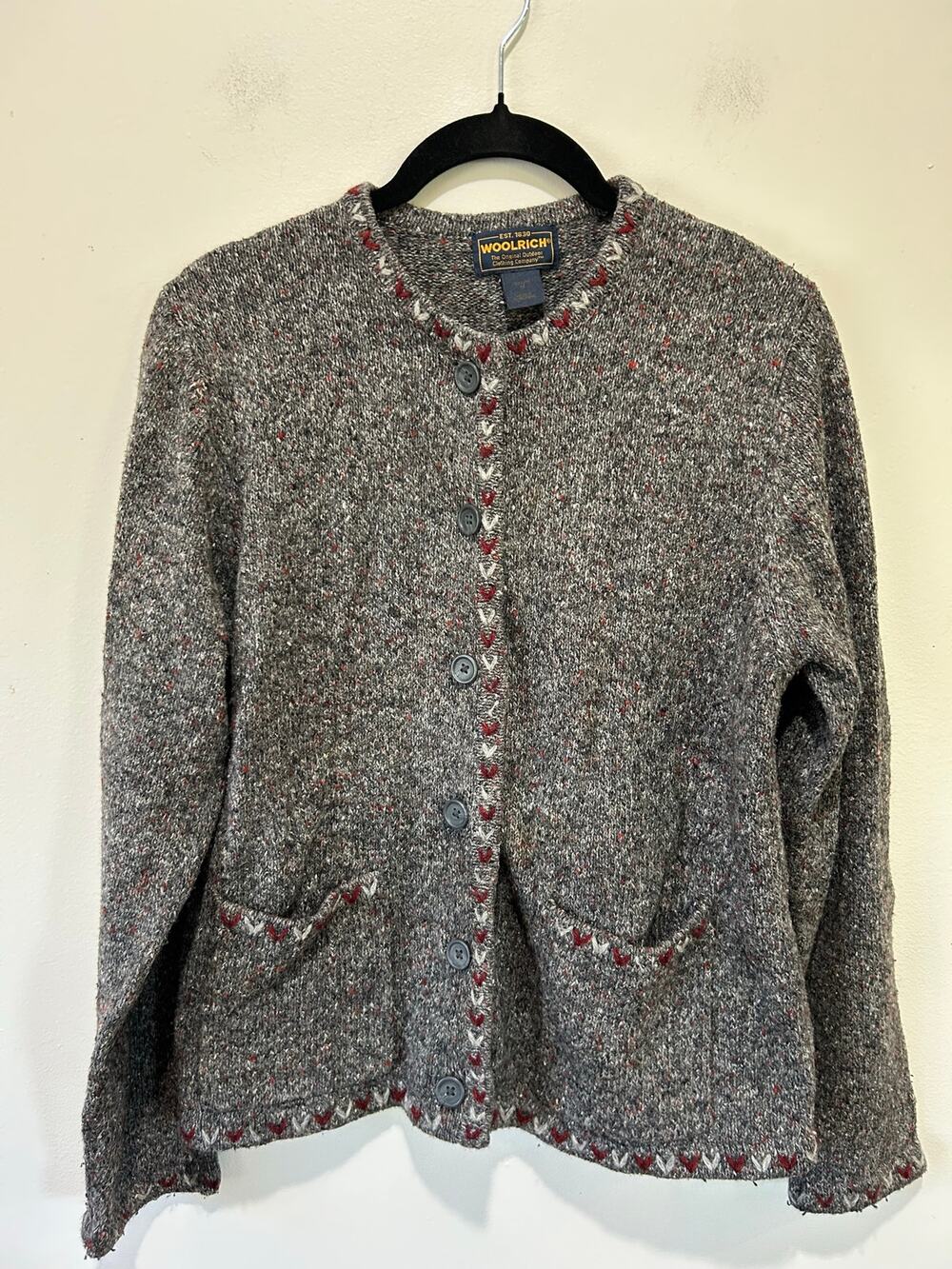 Vintage Woolrich grey cardigan womens M wool blend trim detail grandmacore